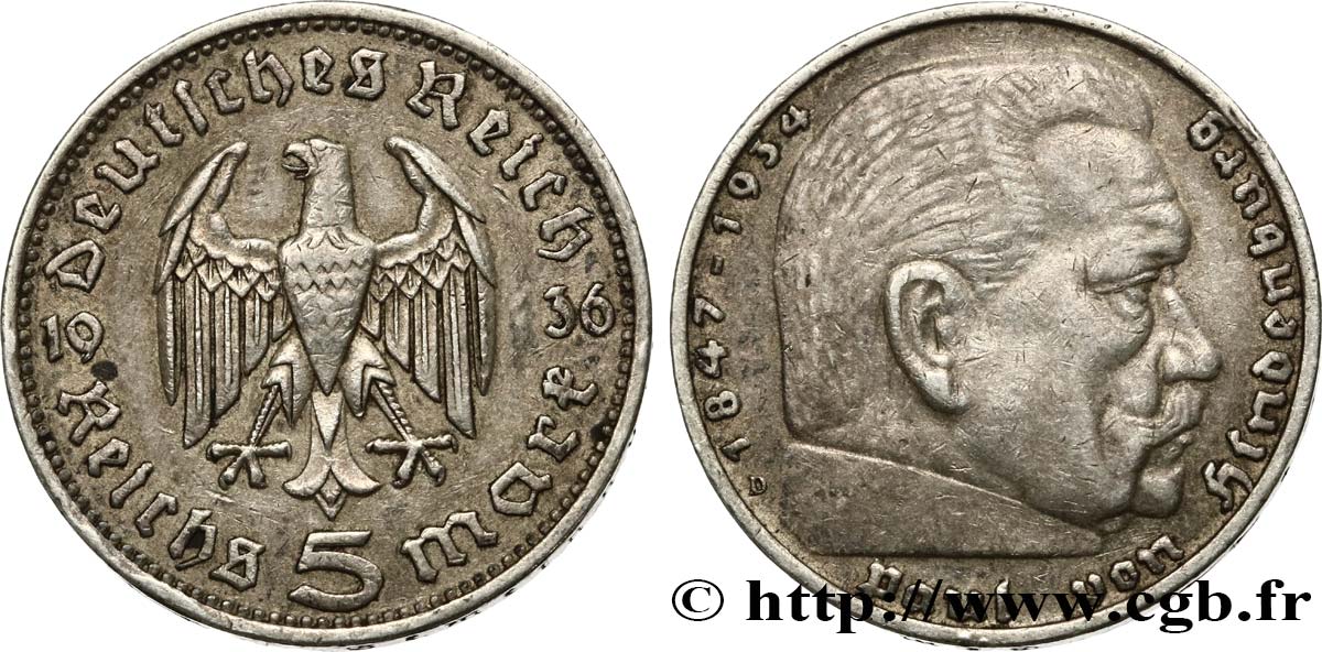 ALEMANIA 5 Reichsmark Maréchal Paul von Hindenburg 1936 Munich MBC 