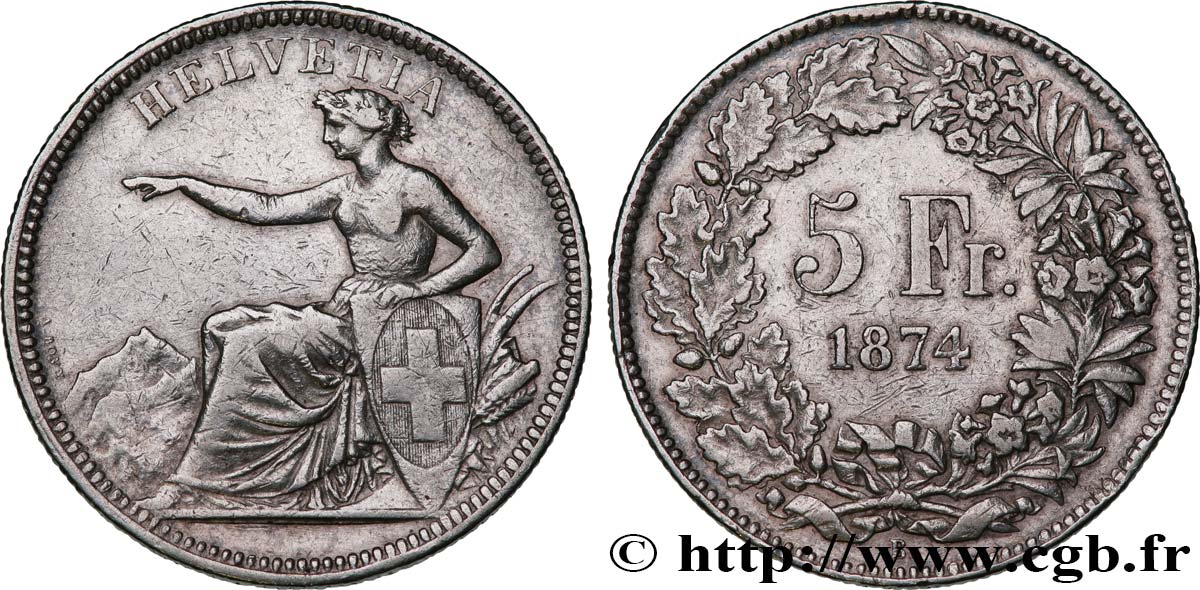 SUISSE 5 Francs Helvetia assise 1874 Bruxelles TB+ 