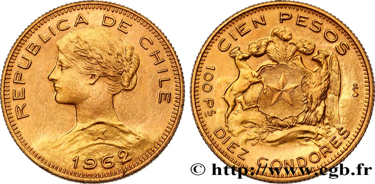 CHILE
 100 Pesos or ou 10 condores en or, 2e type 1962 Santiago SC 