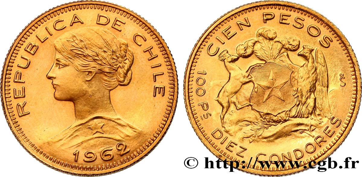 CHILE 100 Pesos or ou 10 condores en or, 2e type 1962 Santiago MS 