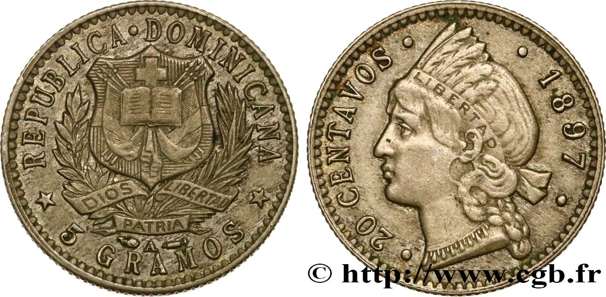 DOMINICAN REPUBLIC 20 Centavos 1897  AU 