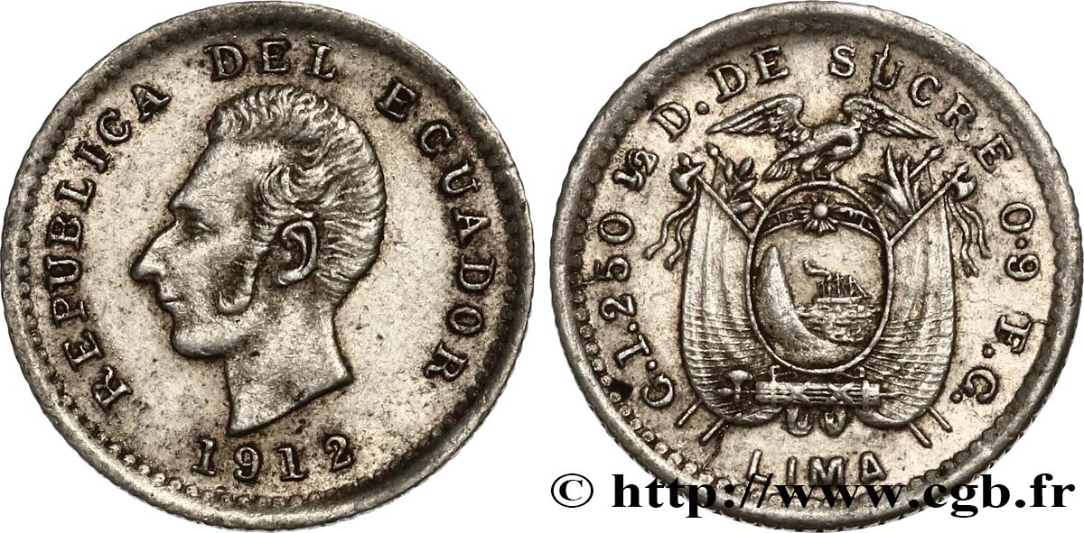 ECUADOR 1/2 Decimo de Sucre Antonio Jose de Sucre 1912 Lima AU 