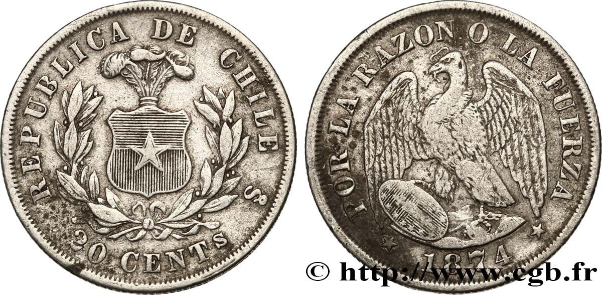 CHILE 20 Centavos 1874 Santiago BC+ 