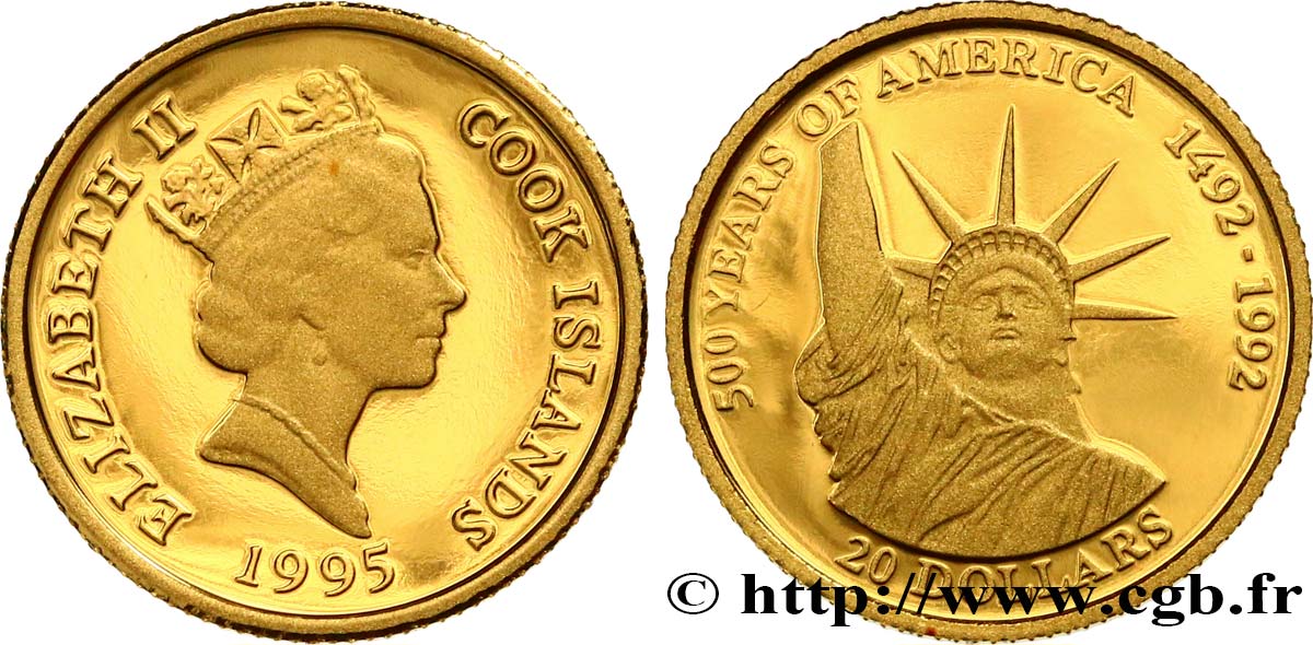 ISLAS COOK 20 Dollars Proof Elisabeth II 500e anniversaire de la découverte de l’Amérique, Statut de la Liberté 1995  FDC 