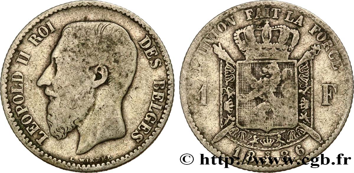 BELGIQUE 1 Franc Léopold II légende française signature L WIENER 1886  TB 