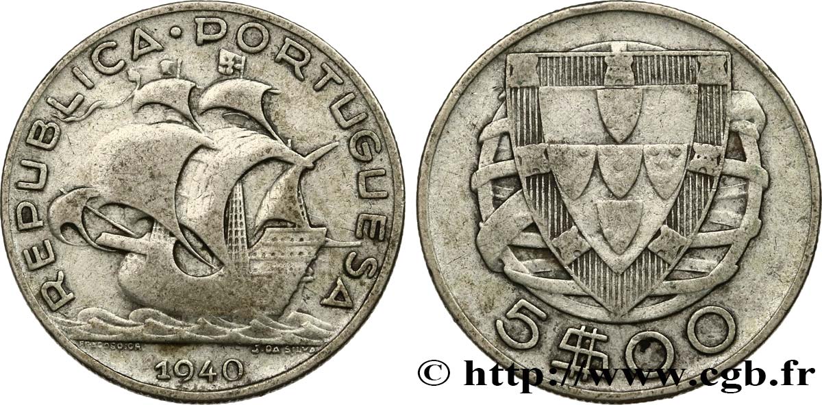 PORTUGAL 5 Escudos 1940  BC 