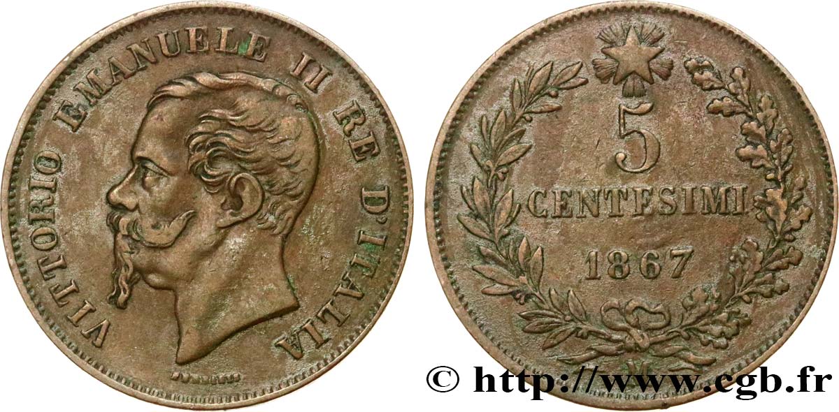 ITALIE 5 Centesimi Victor Emmanuel II 1867 Milan TTB 