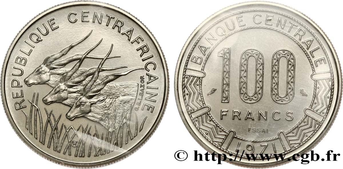 CENTRAFRIQUE Essai de 100 Francs antilopes 1971 Paris FDC 