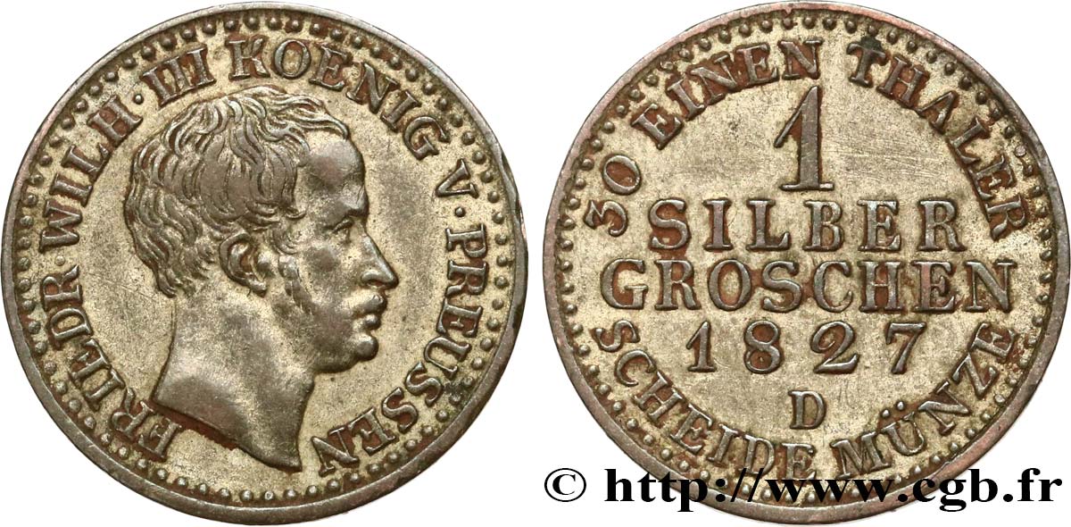 ALLEMAGNE - PRUSSE 1 Silber Groschen Frédéric Guillaume III 1827 Düsseldorf TTB 