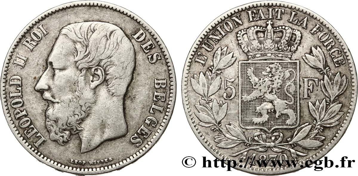 BELGIQUE 5 Francs Léopold II 1870  TB+ 