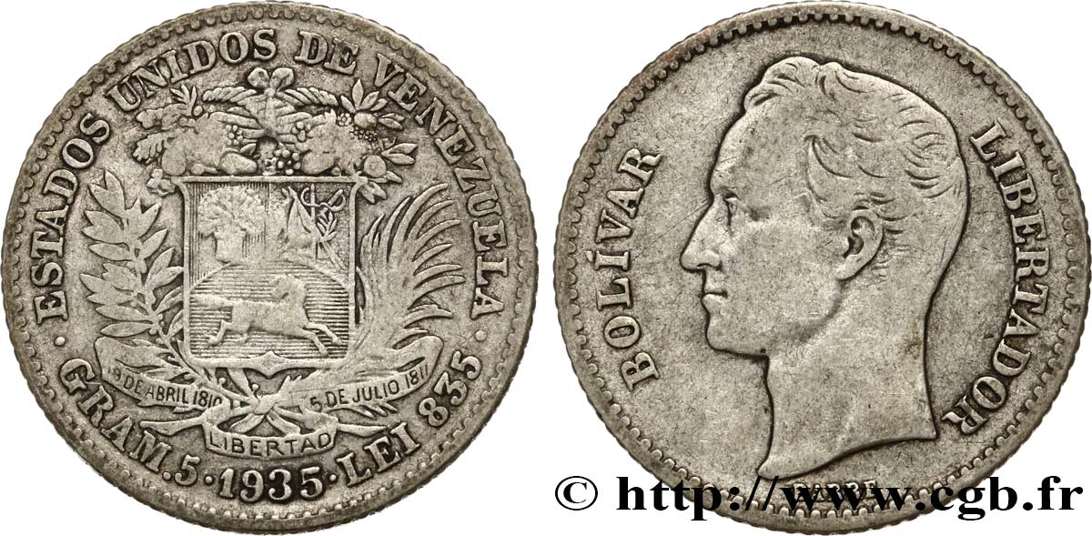VENEZUELA 1 Bolivar Simon Bolivar 1935 Philadelphie TB+ 