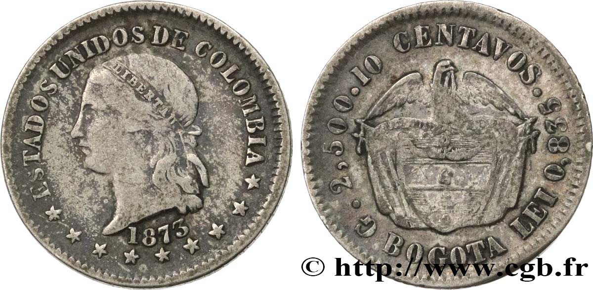 COLOMBIA 10 Centavos 1873  BC 
