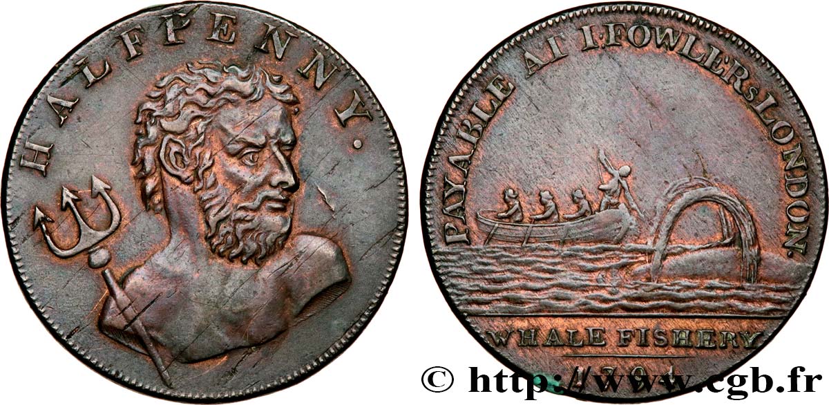 BRITISH TOKENS OR JETTONS 1/2 Penny Londres (Middlesex) Pêcheries de Baleines Fowler 1794  AU 