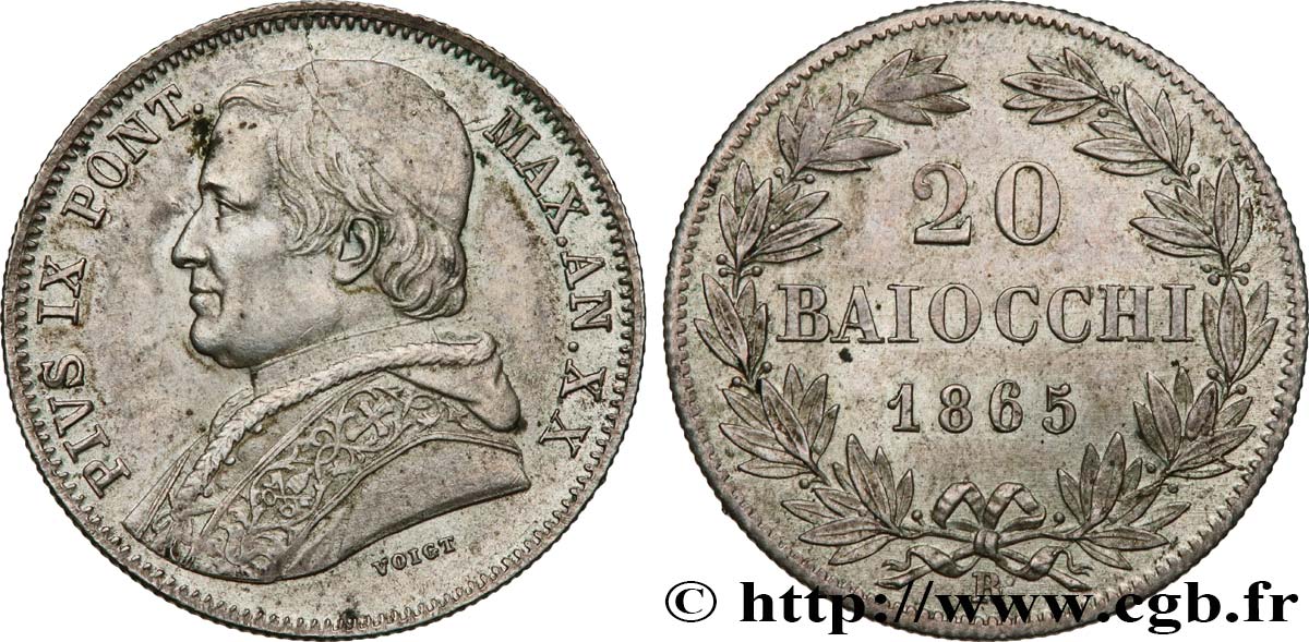 ITALIE - ÉTATS DU PAPE - PIE IX (Jean-Marie Mastai Ferretti) 20 Baiocchi an XX 1865 Rome TTB+/SUP 