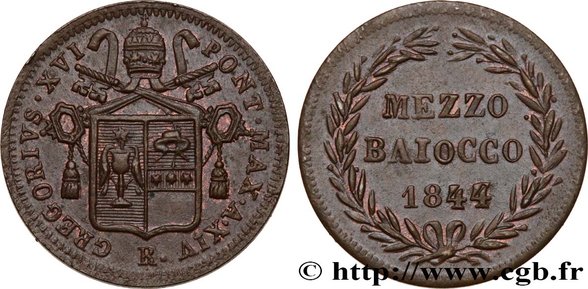 VATICAN AND PAPAL STATES 1/2 Baiocco frappé au nom de Grégoire XVI an XIV 1844 Rome AU 