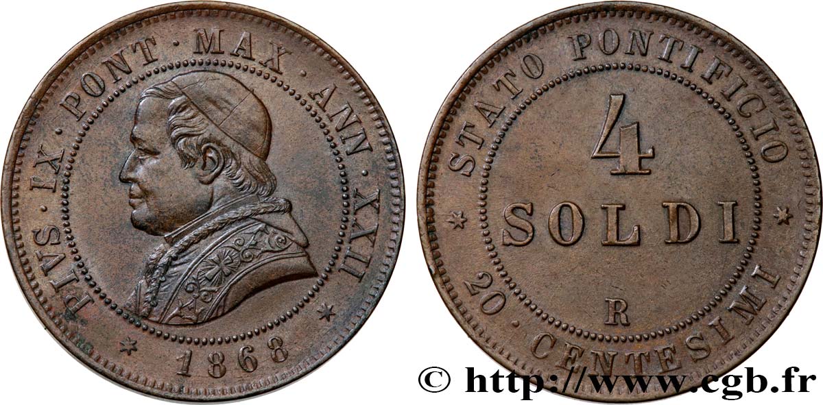 VATICAN - PIUS IX (Giovanni Maria Mastai Ferretti) 4 Soldi (20 Centesimi) an XXII 1868 Rome AU 