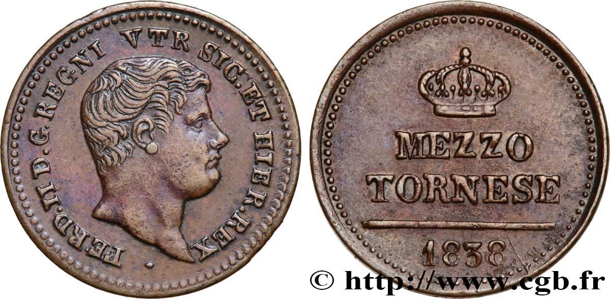 ITALIE - ROYAUME DES DEUX-SICILES 1/2 Tornese Ferdinand II 1838 Naples TTB+ 