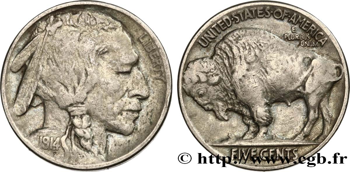 UNITED STATES OF AMERICA 5 Cents Tête d’indien ou Buffalo 1914 Philadelphie VF 