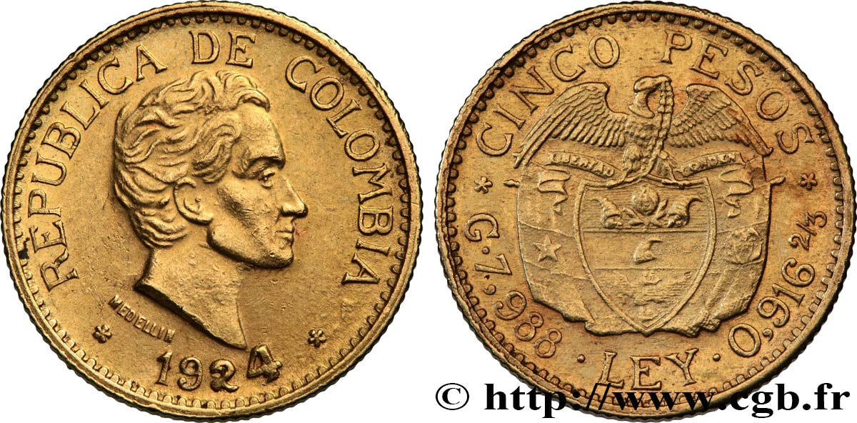 KOLUMBIEN 5 Pesos or Simon Bolivar 1924 Medellin VZ 