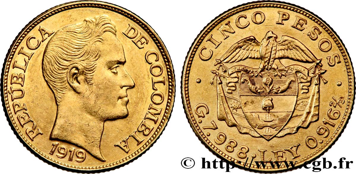 KOLUMBIEN 5 Pesos or type grosse tête Simon Bolivar 1919 Bogota VZ+ 