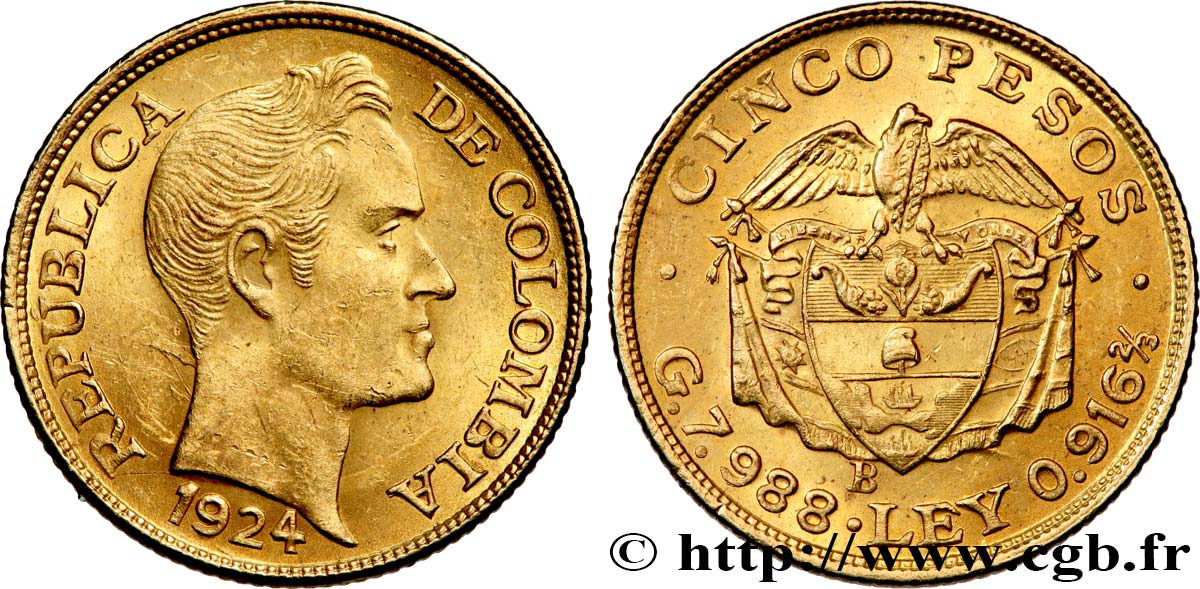KOLUMBIEN 5 Pesos or type grosse tête Simon Bolivar 1924 Bogota VZ 