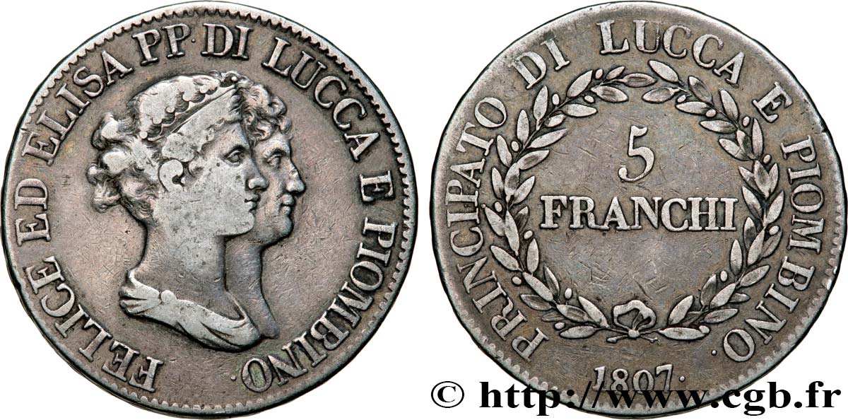 ITALIA - PRINCIPATO DI LUCCA E PIOMBINO - FELICE BACCIOCHI E ELISA BONAPARTE 5 Franchi 1807 Florence q.BB 