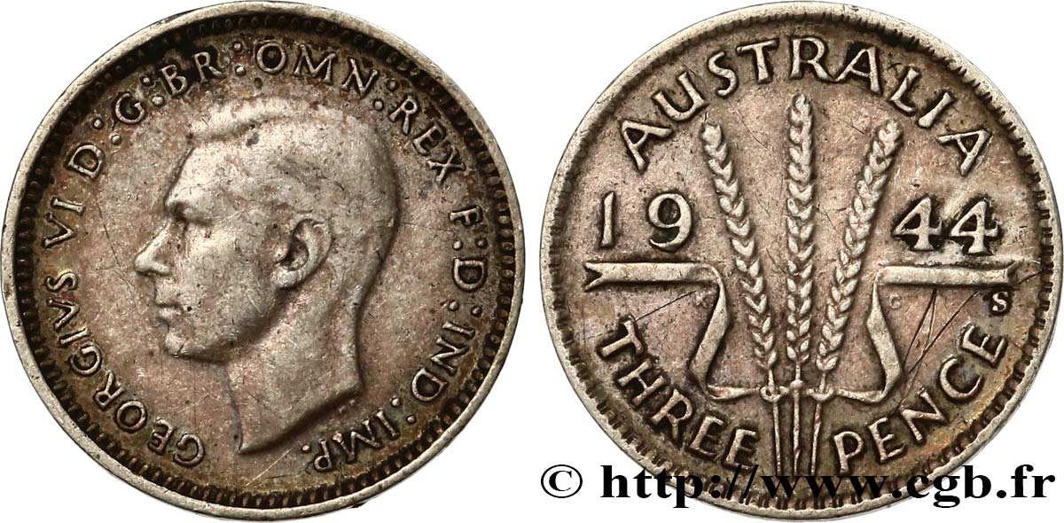 AUSTRALIA 3 Pence Georges VI 1944 Sydney MBC 
