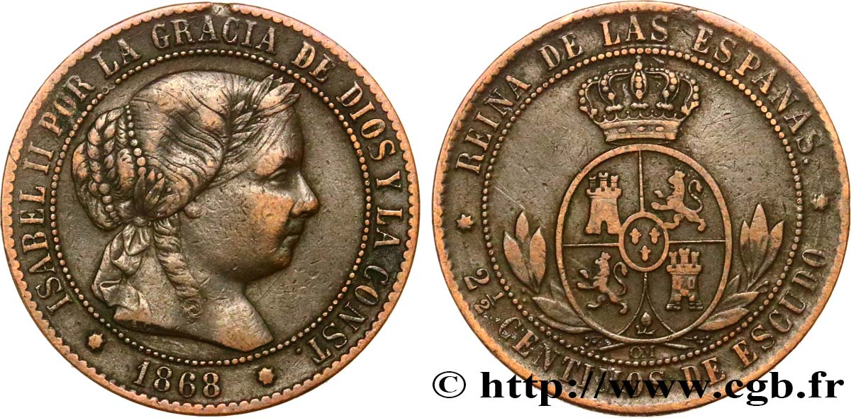 ESPAÑA 2 1/2 Centimos de Escudo Isabelle II 1868 Oeschger Mesdach & CO BC+ 