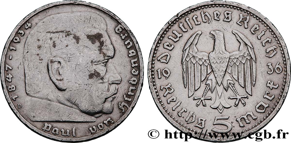 DEUTSCHLAND 5 Reichsmark Maréchal Paul von Hindenburg 1936 Munich SS 