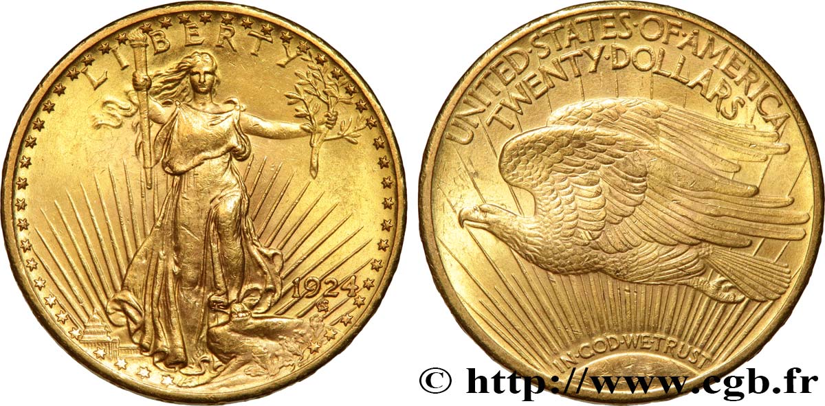 INVESTMENT GOLD 20 Dollars  Saint-Gaudens” 1924 Philadelphie AU/MS 