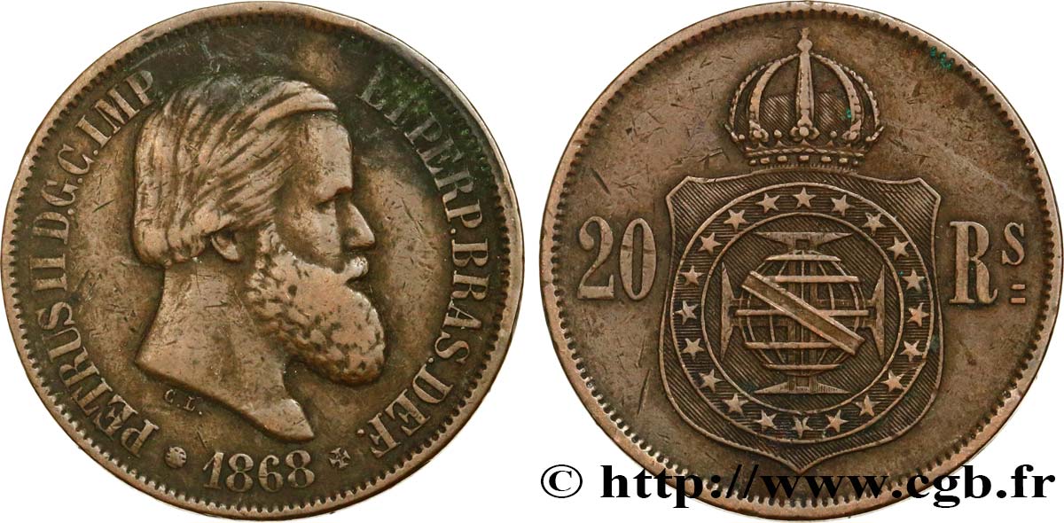 BRAZIL 20 Réis Empereur Pierre II 1868  XF 