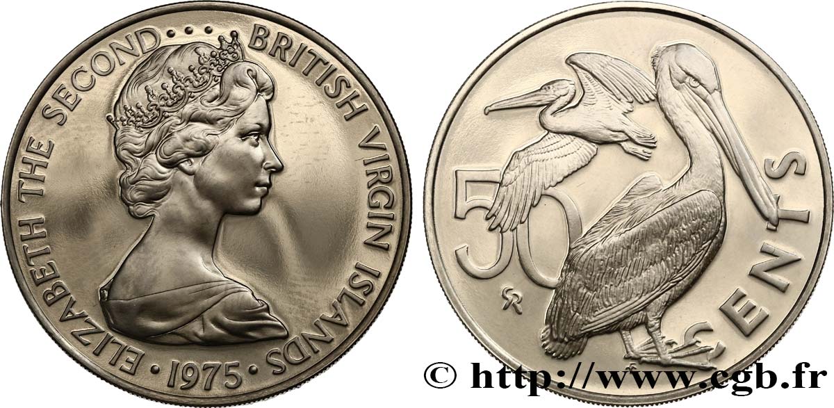 ISOLE VERGINI BRITANNICHE 50 Cents Proof Elisabeth II / pélicans bruns 1975 Franklin Mint MS 