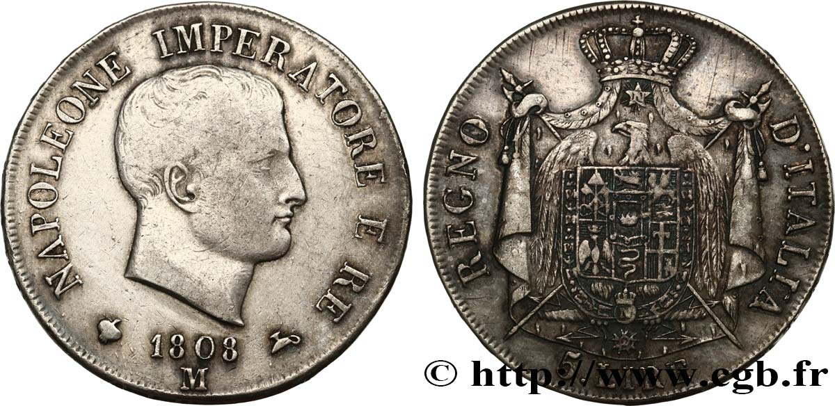 ITALIEN - Königreich Italien - NAPOLÉON I. 5 Lire 1808 Milan fSS 