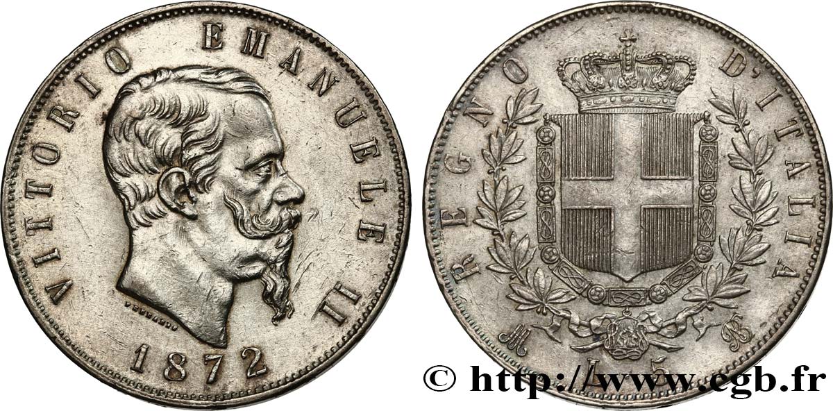 ITALIE 5 Lire Victor Emmanuel II 1872 Milan TTB/TTB+ 