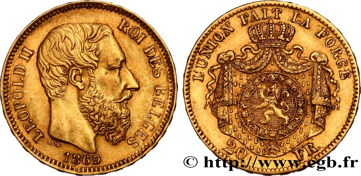 INVESTMENT GOLD 20 Francs Léopold II 1869 Bruxelles XF 