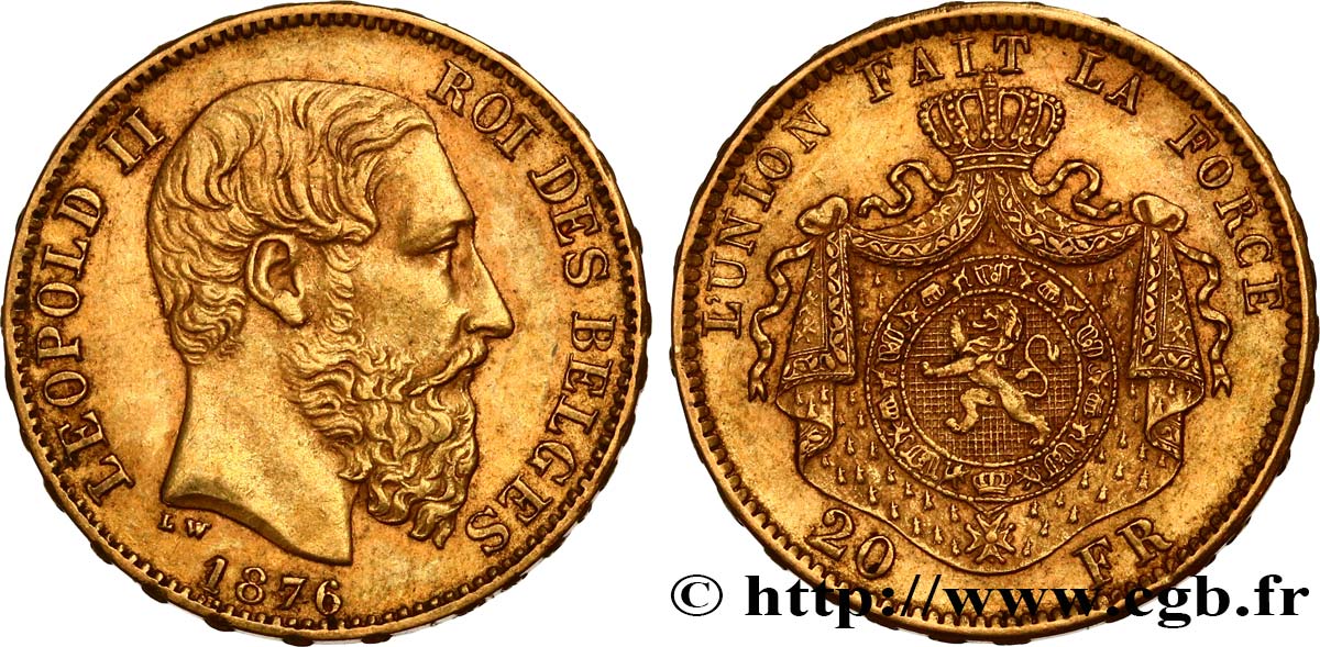 INVESTMENT GOLD 20 Francs Léopold II 1876 Bruxelles AU 