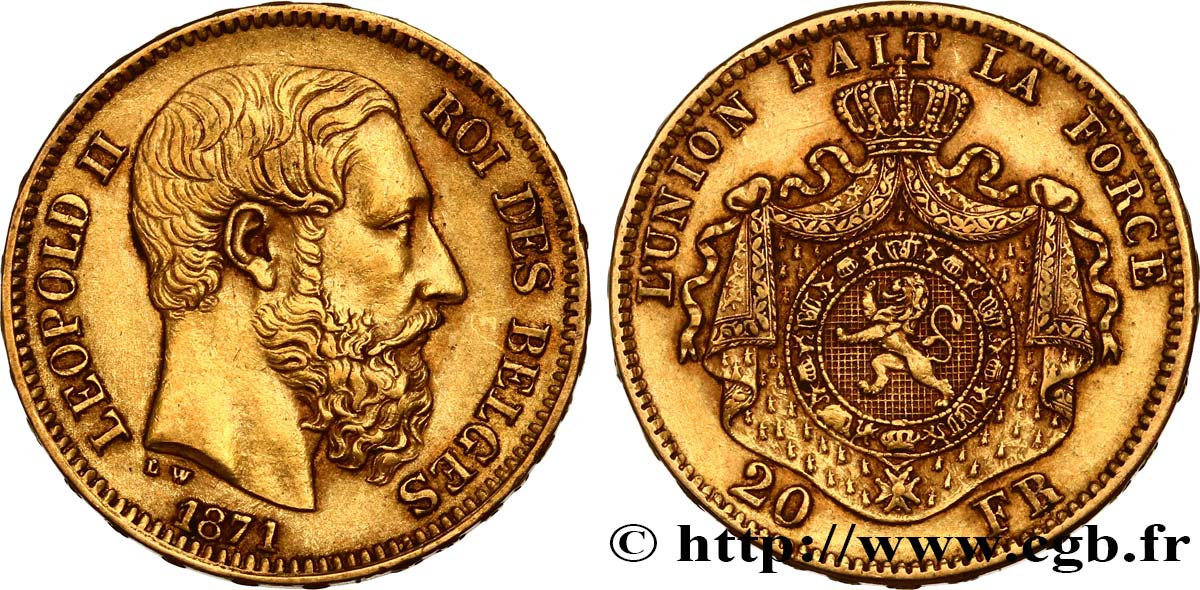 INVESTMENT GOLD 20 Francs Léopold II 1871 Bruxelles fVZ 