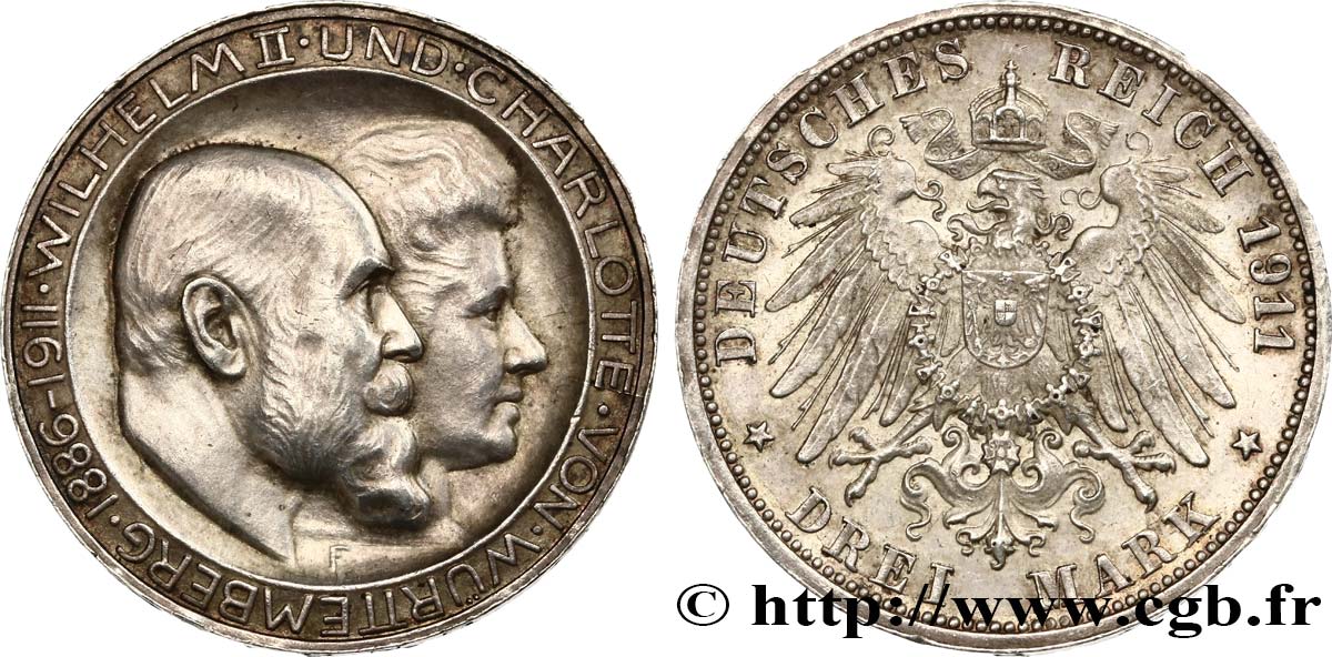 DEUTSCHLAND - WÜRTTEMBERG 3 Mark Guillaume II et Charlotte 1911 Stuttgart VZ/fST 