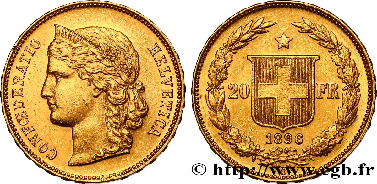 SUISSE - CONFEDERATION 20 Francs 1896 Berne EBC 