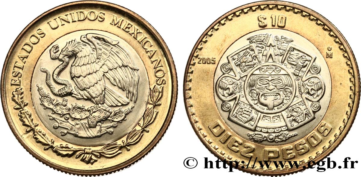 MEXIKO 10 Pesos aigle / la Pierre du Soleil avec au centre Tonatiuh (dieu du Soleil) 2005 Mexico fST 