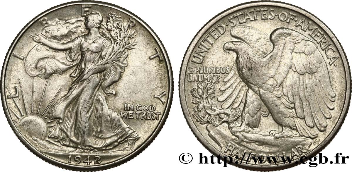 STATI UNITI D AMERICA 1/2 Dollar Walking Liberty 1942 Philadelphie BB 