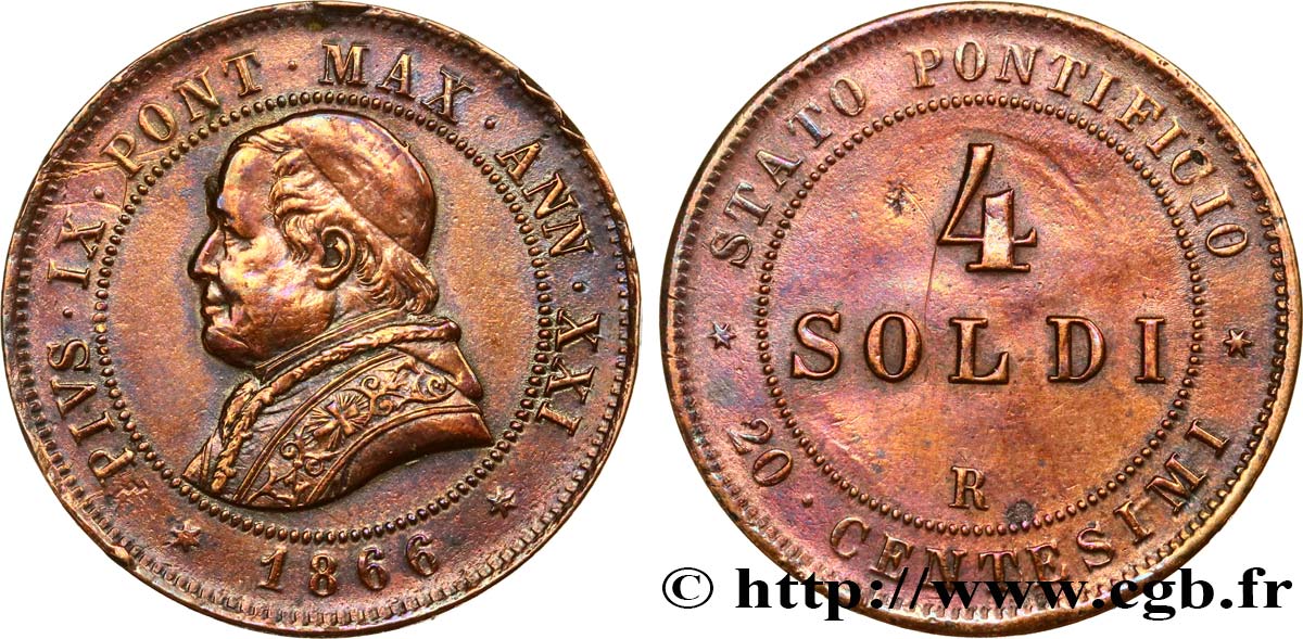 VATICAN - PIUS IX (Giovanni Maria Mastai Ferretti) 4 Soldi (20 Centesimi) an XXI 1866 Rome VF 