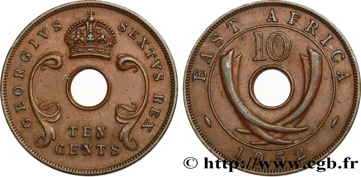 AFRICA DI L EST BRITANNICA  10 Cents au nom d’Elisabeth II 1952 Londres BB 
