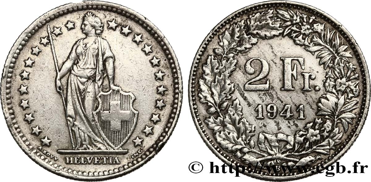 SWITZERLAND 2 Francs Helvetia 1941 Berne - B XF 