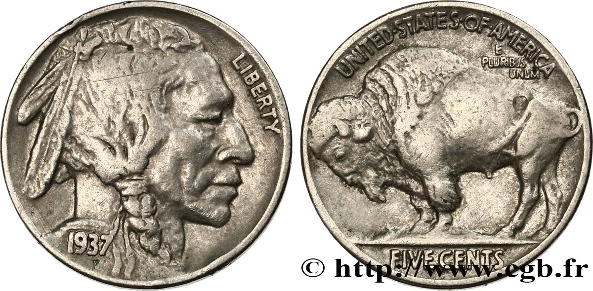UNITED STATES OF AMERICA 5 Cents Tête d’indien ou Buffalo 1937 Philadelphie VF 