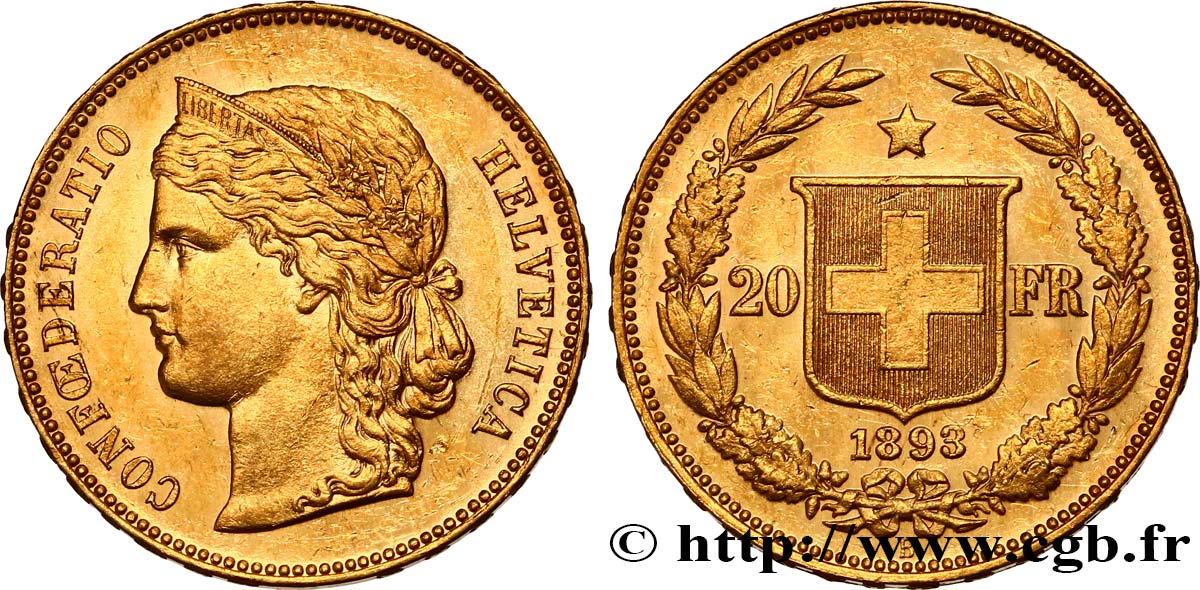 SWITZERLAND - CONFEDERATION 20 Francs Helvetia 1893 Berne MS 