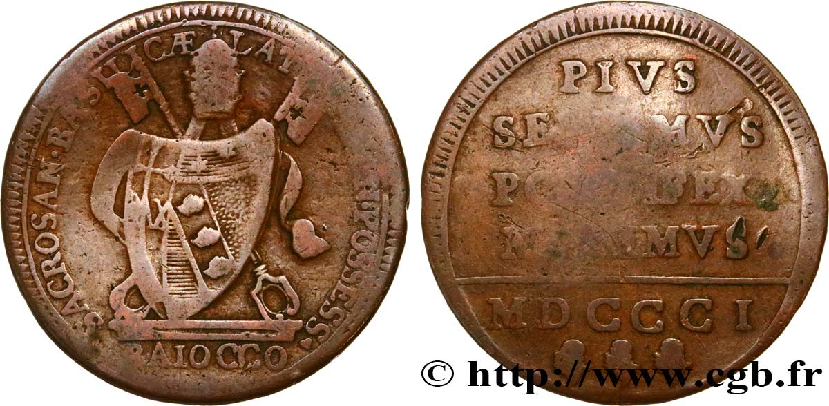 ITALIE - ÉTATS DU PAPE - PIE VII (Barnaba Chiaramonti) 1 Baiocco 1801 Rome TB 