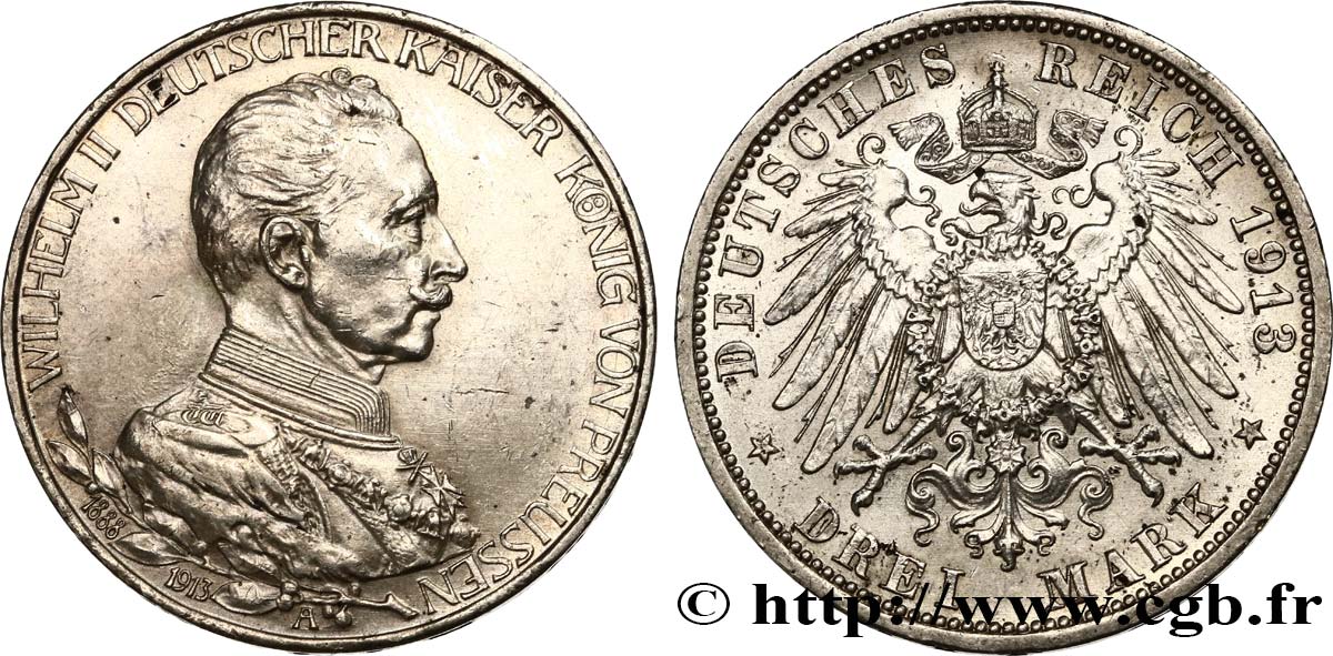 ALEMANIA - PRUSIA 3 Mark 25e anniversaire de règne de Guillaume II 1913 Berlin SC 