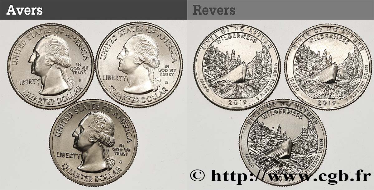 STATI UNITI D AMERICA Lot de trois monnaies 1/4 Dollar Frank Church River - Idaho 2019 Philadelphie-Denver-San Francisco MS 