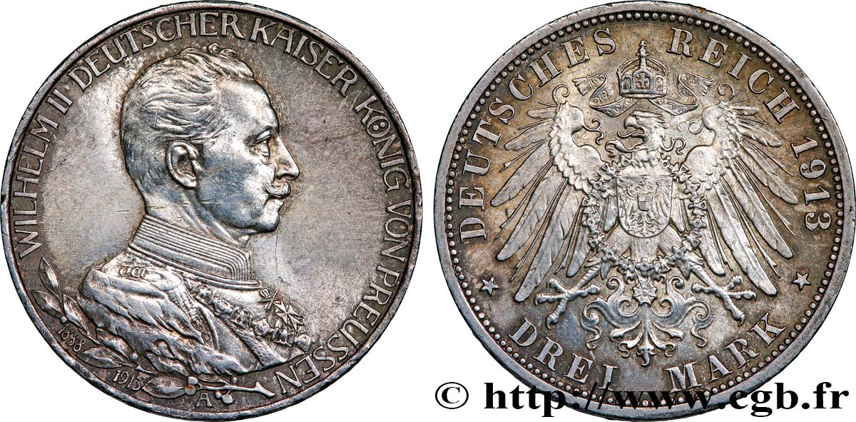 GERMANY - PRUSSIA 3 Mark 25e anniversaire de règne de Guillaume II 1913 Berlin AU 